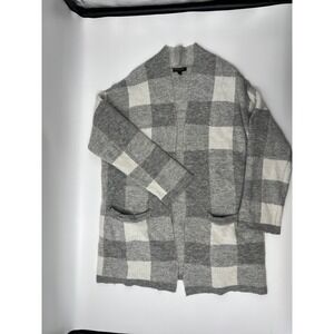 Banana Republic Plaid Cardigan Sweater M/L Gray White Open Front